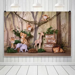 Cartoon jungle animals photography backdrop with welcome to the jungle sign for party