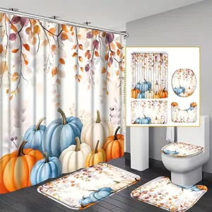 Set da Bagno Ringraziamento Tenda Doccia Poliestere Tappeto Zucca Foglia d'Acero Autunno Decorazione Festiva Accessori Bagno Impermeabili