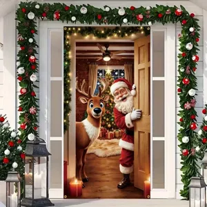 Festive Christmas door banner cover featuring a cute Santa and reindeer in a cozy room