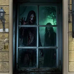 Halloween Gruselige Frau Geist Gebrochenes Fenster Hintergrund Polyester Hexe Skelett Wandteppich Für Hof Escape Room Deko