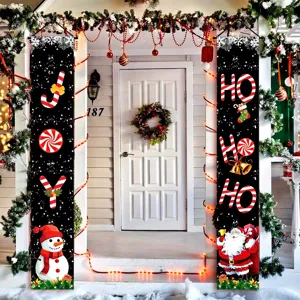 Weihnachts-Türbanner mit Zuckerstangen HO HO HO und JOY mit Weihnachtsmann und Schneemann