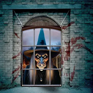Großes Halloween-Banner mit gruseligem Hexen-Fenster-Print für schaurige Gartendeko