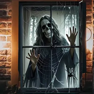 Gruseliger Halloween-Fensterhintergrund mit Geister- und Spinnennetz-Druck