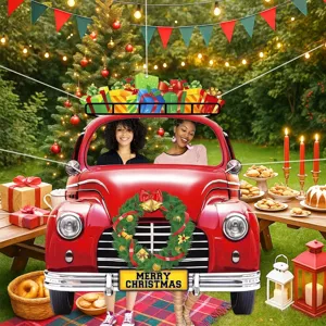 Large vintage red truck photo backdrop banner for Christmas party decoration outdoors