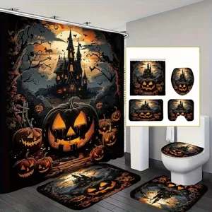 Halloween Kürbis Geist Druck Duschvorhang Set Wasserdicht Polyester Badezimmer Dekor Badematte Toilettendeckel Set