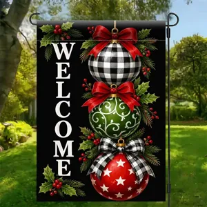 Festive Christmas Welcome Garden Flag with Ornaments and Holly for Outdoor Yard Decor