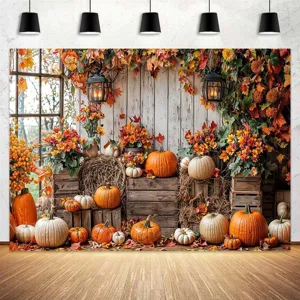 Rustic Autumn Harvest Thanksgiving Photography Backdrop Retro Wood Cabin Pumpkin Maple Leaf Party Wall Decor Banner