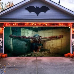 Pancarta de Puerta de Garaje de Halloween Decoración de Fiesta de Terror de Fantasma Zombi Espeluznante Tapiz de Poliéster Mural