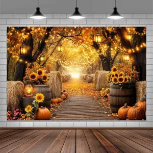 Autumn Thanksgiving photography backdrop with pumpkins and sunflowers in a forest path