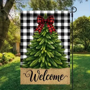 Christmas Welcome garden flag with buffalo plaid tree and red bow yard decoration
