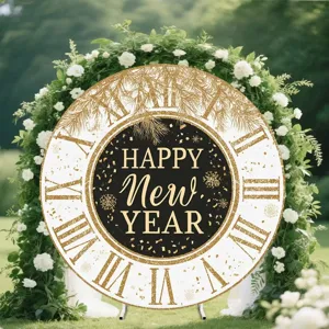 Round Happy New Year backdrop featuring a clock face design for party decoration.