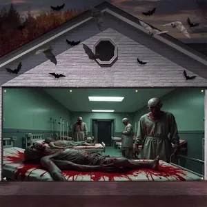Pancarta de Halloween para puerta de garaje con escena de zombies y hospital de terror.