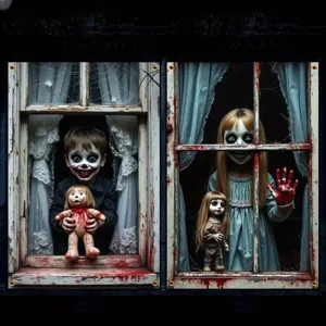 Gruselige Halloween-Fensterbanner mit gruseligen Zombie-Jungen und Mädchen Puppenporträts.