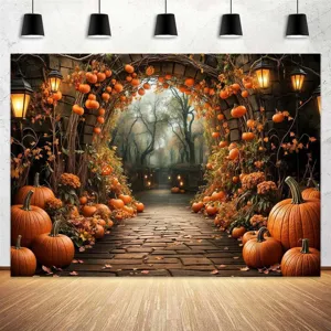 Autumn Thanksgiving photography backdrop with pumpkins, stone arch, and forest path.