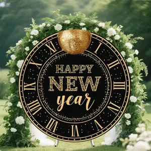 Elegant round New Year backdrop with vintage clock face and gold Happy New Year lettering
