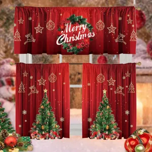 Weihnachten Küche Vorhänge Schabracke Polyester Bedruckt Rot Schneeflocken Muster Stangentasche Fensterbehandlung Für Winter Haus Feiertag Party Deko