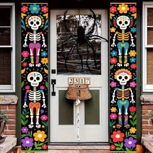 Mexico Day of the Dead Porch Banner Decorative Skeleton Floral Couple Printed Door Banner Porch Sign Hanging Decorations