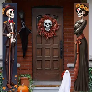 Day of the Dead front door banners skeleton couple Halloween porch sign hanging decor.