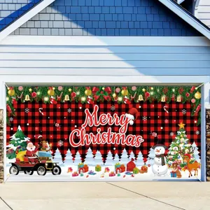 Large Merry Christmas garage door banner with red buffalo plaid and Santa Claus decor.