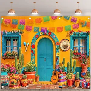 Mexicaans Carnaval Feest Achtergrond Fotografie Achtergronddoek Bloemen Cactus Gitaar Fiesta Feest Decoratie Wandtapijt