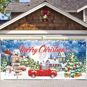 Large Christmas garage door banner with festive snowy scene and Santa illustration