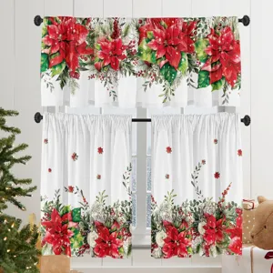 3-teiliges Weihnachts-Küchenvorhang-Set mit roter Poinsettie und Grün auf weißem Stoff