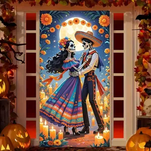 Traditional Mexican Day of the Dead door banner with dancing skeletons and flowers