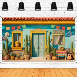 Levendige Mexicaanse fiesta fotografie achtergrond met cactus en bloem patronen