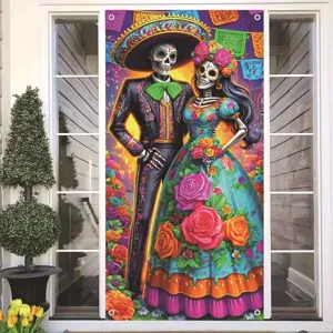Vibrant Day of the Dead porch banner featuring Mexican Catrina and Catrin skeletons
