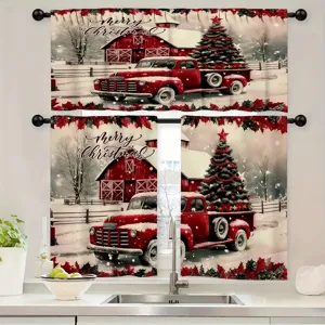 Set di tende da cucina natalizie con un vecchio camion rosso e una stalla innevata