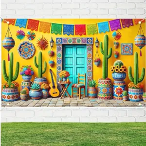 Levendige Mexicaanse fiesta-fotoachtergrond met kleurrijke cactus- en bloempatronen.