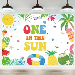 Summer Beach Party Backdrop Cloth Cartoon Sun Palm Tree Printed Background Tapestry For Kids Birthday Swimming Pool Gathering Ambiance Decoration Banner