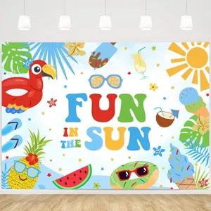 Colorful summer beach party backdrop featuring Fun In The Sun text and tropical icons