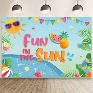 Summer sun beach party backdrop with Fun in the Sun text for pool party decorations