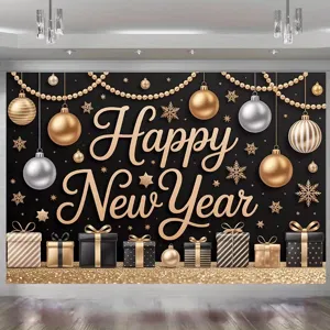 Happy New Year photography backdrop featuring gold gift boxes and festive baubles