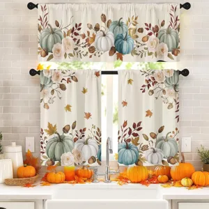Juego de cortinas de cocina para Acción de Gracias con estampado de calabazas y hojas de arce