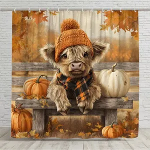 Herbst-Duschvorhang mit Hochlandrind, Kürbissen und orangefarbenen Ahornblättern
