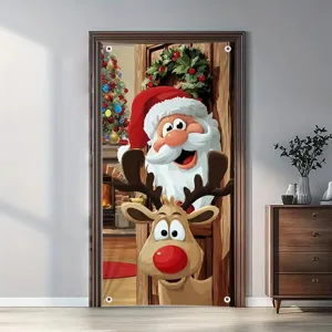 Festliche Weihnachts-Türbanner aus Stoff mit Cartoon-Weihnachtsmann- und Rentierdruck für die Deko