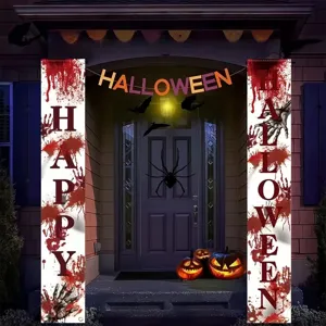 Halloween porch banners with bloody handprints and Happy Halloween text door decorations