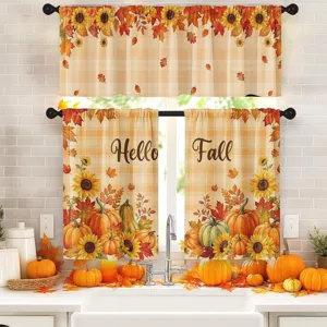Juego de cortinas de cocina rústicas con estampado de calabaza y hojas de otoño Fall