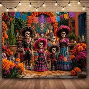 Vibrant Día de los Muertos Hintergrund mit Skelettfamilie und Studentenblumen Dekoration
