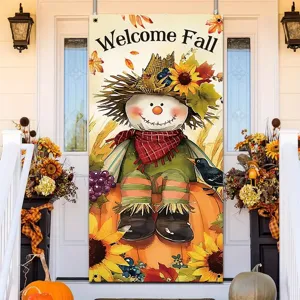 Banner de puerta otoñal con espantapájaros lindo y texto 'Welcome Fall' festivo.