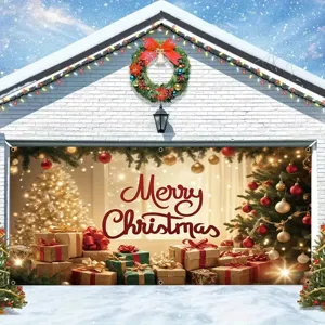 Large Christmas garage door banner with festive gifts and tree design for outdoor decor