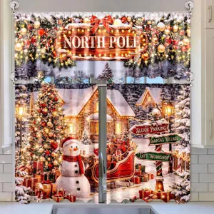 Festliches Weihnachts-Küchenvorhang-Set mit Schneemann und Nordpol-Dorf-Druck