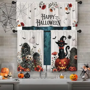 3-piece Halloween kitchen curtain set featuring retro ghosts black cat and pumpkins design