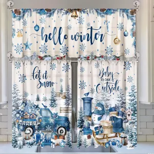 3-teiliges Küchenvorhang-Set im Winter-Design mit Schneemann und blauem Truck