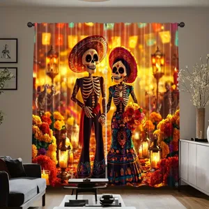 Day Of The Dead Curtains Sugar Skull Floral Printed Polyester Room Divider Mexican Traditional Party Home Decor Two Panels