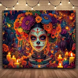 Mexican Day of the Dead Backdrop Banner Traditional Catrina Sugar Skull Marigold Floral Polyester Background Party Wall Decor