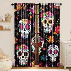 Decorative Day of the Dead sugar skull and floral print black curtains for home window decor
