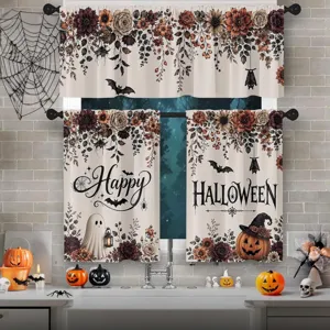 Vintage Halloween kitchen curtain set featuring ghost and pumpkin floral print designs.